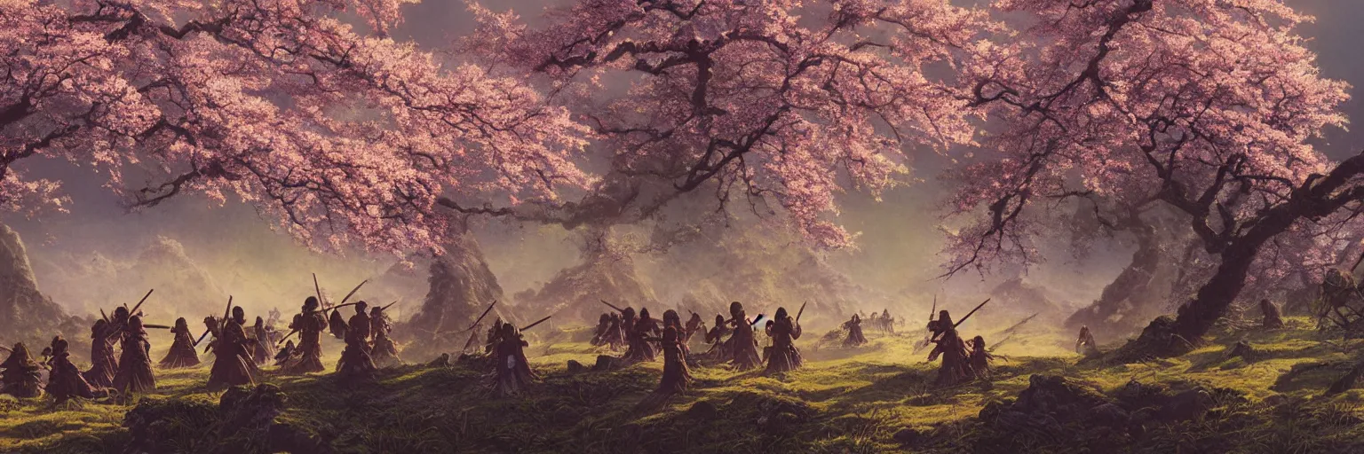 Prompt: awe-inspiring bruce pennington landscape digital art painting of two groups of samurai meeting in battle in Feudal Japan, cherry blossoms on trees, 4k, matte