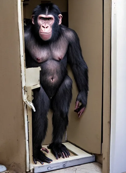 Image similar to uncanny hybrid human - ape, half human half ape inside fuse box in post communist apartment building