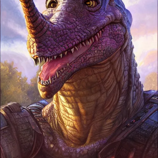 Image similar to barney the dinosaur as a realistic fantasy d & d knight, closeup portrait art by donato giancola and greg rutkowski, realistic face, digital art, trending on artstation