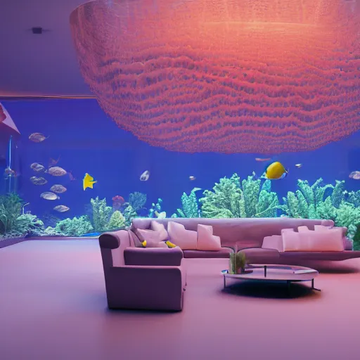 Image similar to the realistic photo of the modern room as aquarium with a chandelier as a big jellyfish, beautiful corals on the walls and sharks in the big panoramic window, under the ocean, realistic colors, realistic shadows, daylight made in blender, hd, 3 d by beeple and damian hirst