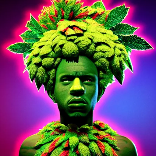 Image similar to an african marijuanna! shaman with an afro made of flowers, third eye art art by machina infinitum, complexity from simplicity, rendered in octane, mandelbulb 3 d, ambient occlusion, macro photography, felt!!! texture, tribal, neon! retrowave