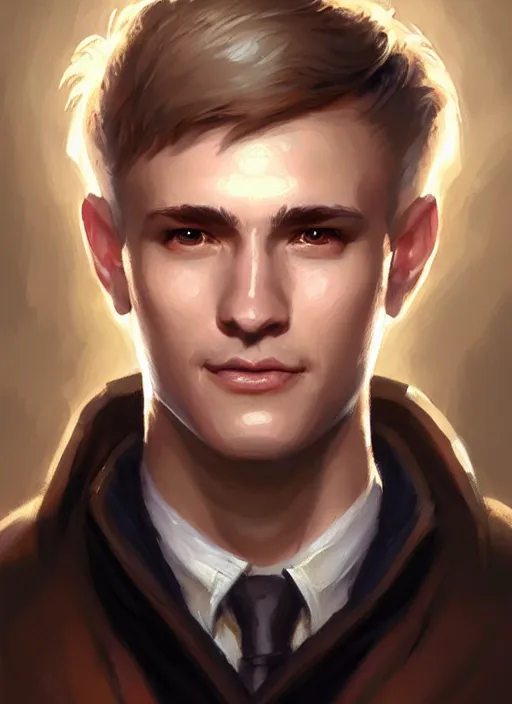 Image similar to a _ fantasy _ style _ portrait _ painting _ of white male short fringe light brown hair short head smiling clean shaven round face rpg dnd oil _ painting _ unreal _ 5 _ daz. _ rpg _ portrait _ extremely _ detailed _ artgerm _ greg _ rutkowski _ greg