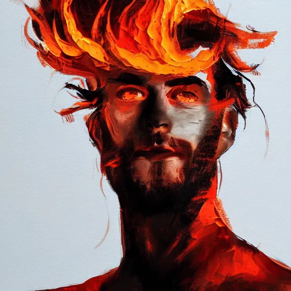 Prompt: abstract painting of man on fire. Handsome. Long hair. portrait. ArtStation. Impressionist. Rule of thirds. Silouette