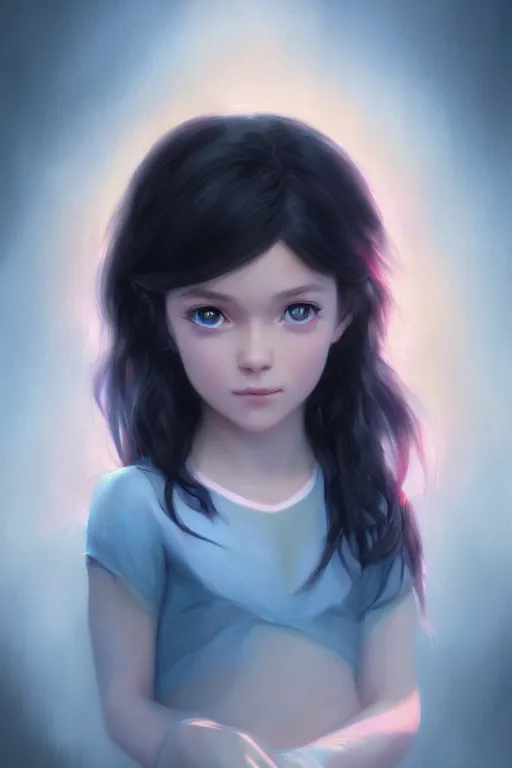 Image similar to beautiful portrait of little girl, black hair, blue eyes by charlie bowater, ross tran, artgerm, and makoto shinkai, detailed, soft lighting, rendered in octane