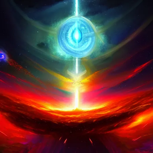 Prompt: concept art for the entire universe uniting again into the holy fire of perfect love, reversing the big bang!! final victory of order over disorder!! final defeat of entropy! end of time, galactic scale!! digital painting, artstation, smooth, sharp focus