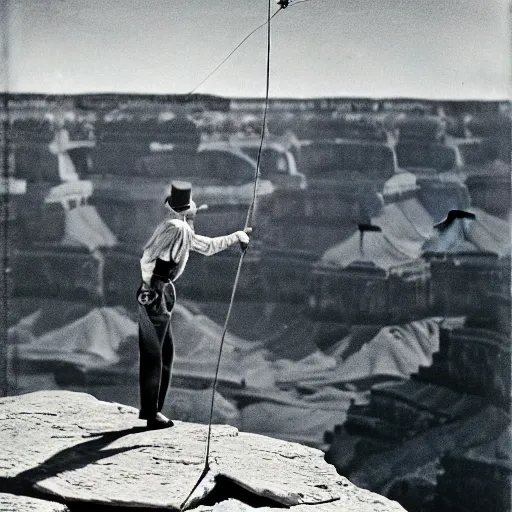 Image similar to man walking a tightrope between grand canyon vintage photo