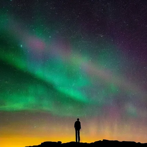 Image similar to 4K Epic Ultra HD detailed award-winning wallpaper silhouette of lonely man standing on rock looking at huge vast sky universe Milky Way aurora