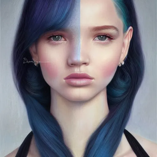 Prompt: tom bagshaw, very beautiful genetic mix of madison beer bella poarch dove cameron in a sailor suit flirting smile, randomly lustrous dyed hair, professionally retouched, focus eyes, ultra realistic soft painting, insanely detailed linework, symmetrical accurate intricate features, behance artstation, 8 k, no artifacts signatures