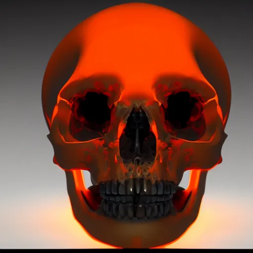 Image similar to real human skull with robotic circular orange light electronic eyes in eye sockets, unreal engine, artstation, render