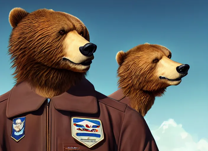 Image similar to character portrait feature of the anthro male anthropomorphic kamchatka brown bear fursona wearing airline pilot outfit uniform professional pilot for the us air force character design stylized by charlie bowater, ross tran, artgerm, and makoto shinkai, detailed, soft lighting, rendered in octane, maldives in background