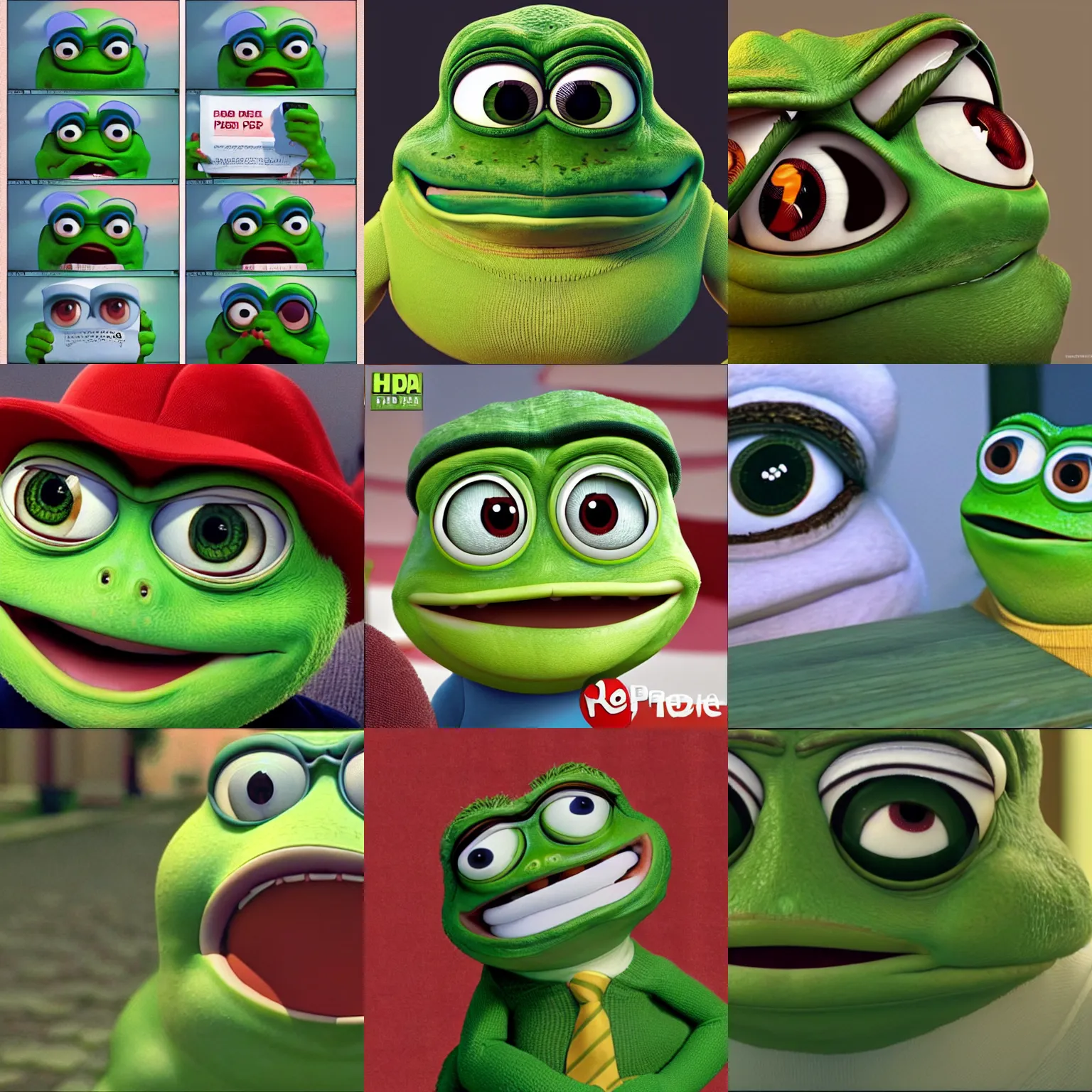 Prompt: Pepe the Frog played by Hide The Pain Harold, Pixar, 8k