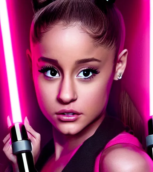 Image similar to A hyper realistic photo of Ariana Grande in the Star Wars universe with two pink lightsabers held in each hand. Maximum detail on artstation, photo realism, vivd details, vivd colour, volumetric lighting