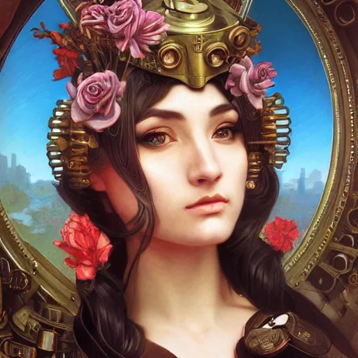 Image similar to a portrait painting of a steampunk fantasy lady, highly detailed, art by tristan eaton and artgerm and william - adolphe bouguereau