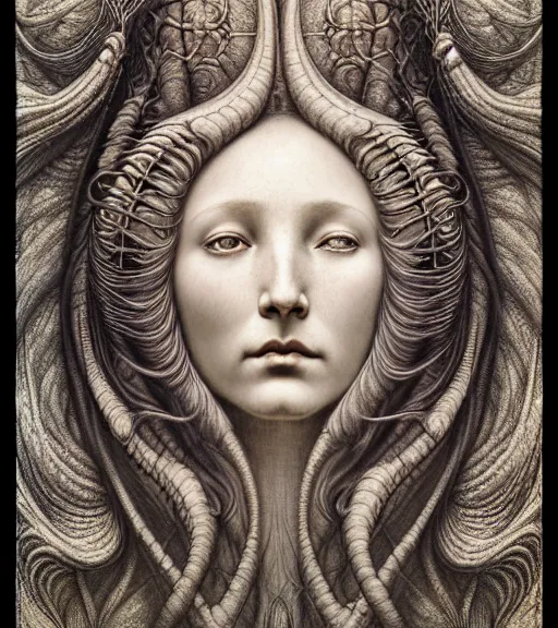 Image similar to detailed realistic beautiful moon goddess face portrait by jean delville, gustave dore, iris van herpen and marco mazzoni, art forms of nature by ernst haeckel, art nouveau, symbolist, visionary, gothic, neo - gothic, pre - raphaelite, fractal lace, intricate alien botanicals, ai biodiversity, surreality, hyperdetailed ultrasharp octane render