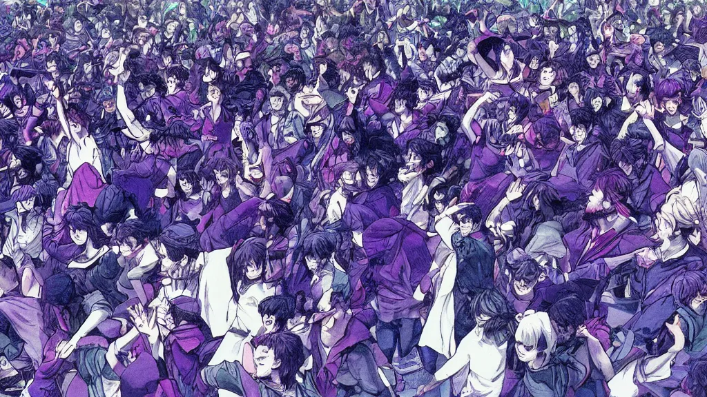 Prompt: a detailed small group of people seen from the front dancing together at a concert,, dark blue and intense purple color palette, in the style of kentaro miura