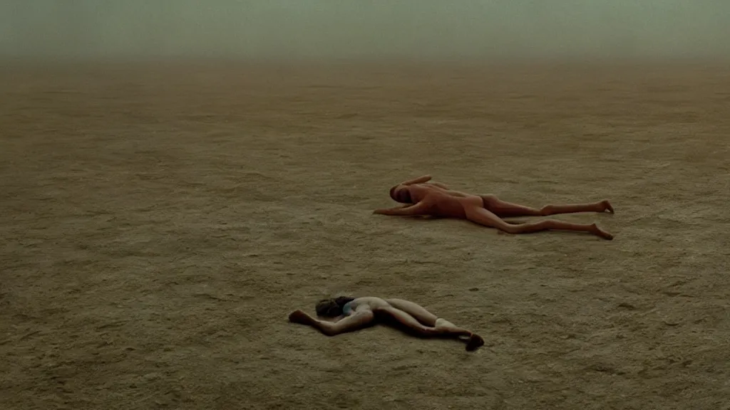Prompt: human body bent around, film still from the movie directed by Wes Anderson with art direction by Zdzisław Beksiński, wide lens
