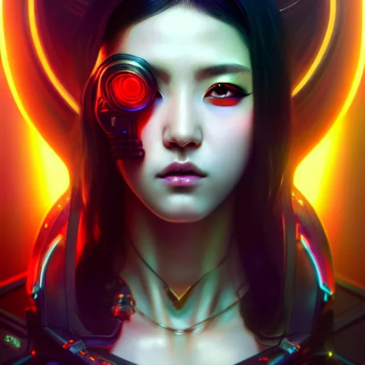 Prompt: portrait painting of a cyberpunk sunmi kpop, ultra realistic, concept art, intricate details, eerie, highly detailed, photorealistic, octane render, 8 k, unreal engine. art by artgerm and greg rutkowski and magali villeneuve and alphonse mucha