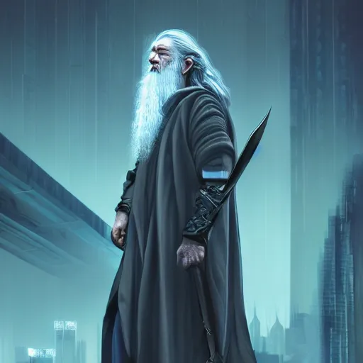 Image similar to cyberpunk gandalf, lord of the rings, photorealistic, 4 k, rain, blade runner, ultra realistic. isometric