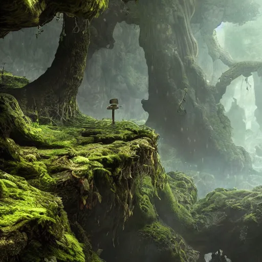 Prompt: yggdrasil in a deep mossy cavern, cinematic, ffxiv, very realistic, very detailed, hyperrealistic, octane render, high resolution, god rays, landscape, wide shot,
