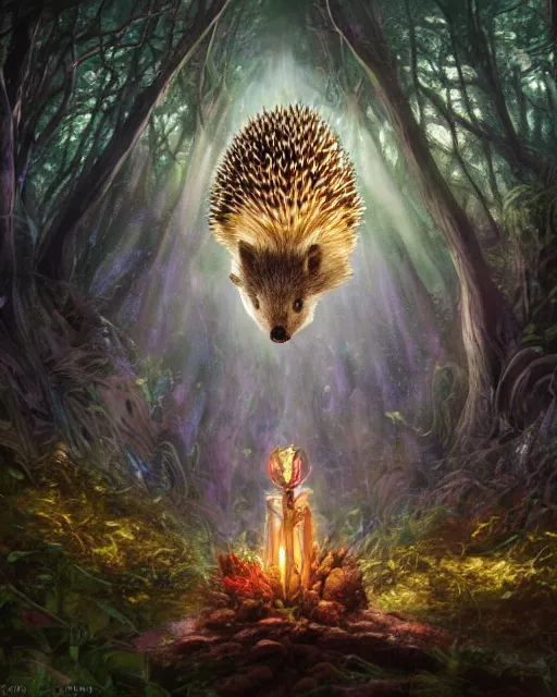 Image similar to Hedgehog magus, gaia, nature, fairy, forest background, magic the gathering artwork, D&D, fantasy, cinematic lighting, centered, symmetrical, highly detailed, digital painting, artstation, concept art, smooth, sharp focus, illustration, volumetric lighting, epic Composition, 8k, art by Akihiko Yoshida and Greg Rutkowski and Craig Mullins, oil painting, cgsociety