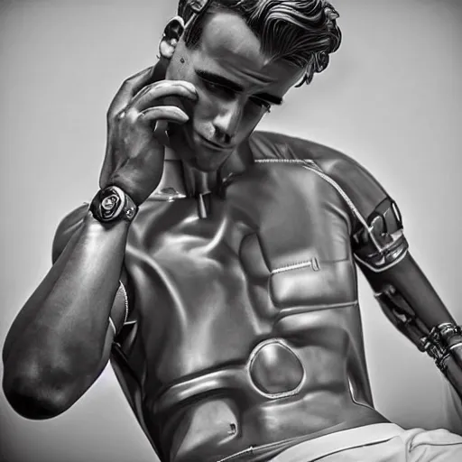 Image similar to “ a realistic detailed photo of a guy who is an attractive humanoid who is half robot and half humanoid, who is a male android, soccer player antoine griezmann, shiny skin, posing like a statue, blank stare, on the bed, on display ”