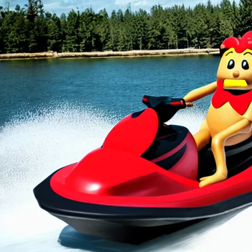 Prompt: hotdog mascot driving a jetski in Costco