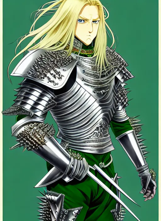 Prompt: a detailed manga full body portrait illustration of a man with long blonde hair and blue eyes wearing evil green spiked armour by hirohiko araki and alphonse mucha, detailed artwork, realism, 4 k resolution, detailed, high quality, sharp focus, hq artwork, insane detail, volumetric lighting, character concept art, fine details, clear subject, central subject