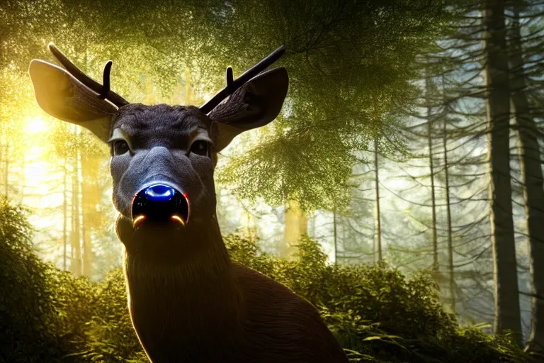 Image similar to a close up of the head of a laser-eyed deer, background of a landscape misty forest scene, the sun glistening through the trees, hyper realistic photograph, octane render 8k, trending on artstation, unreal engine