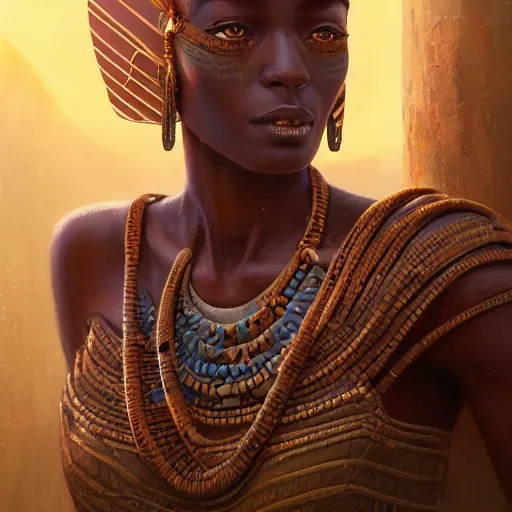 Image similar to highly detailed portrait of an african egyptian goddess, intricate alien technology, stephen bliss, unreal engine, fantasy art by greg rutkowski, loish, rhads, ferdinand knab, makoto shinkai and lois van baarle, ilya kuvshinov, rossdraws, tom bagshaw, global illumination, radiant light, detailed and intricate environment