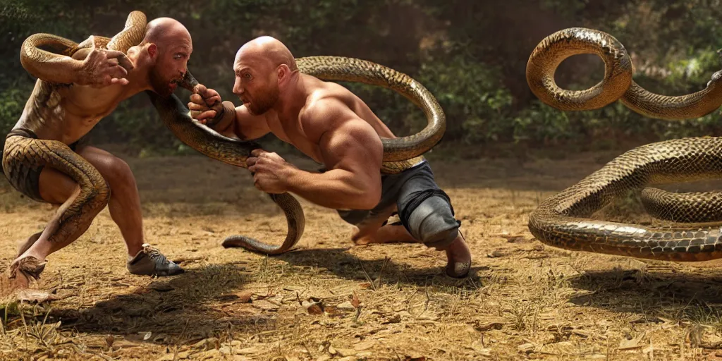 Image similar to The Ryback fighting a snake outdoors, highly detailed, intricate, hyperrealistic, photorealistic, ultra hd, global illumination lighting, award-winning, 4k, beautiful color, high quality, high textured, lens flare