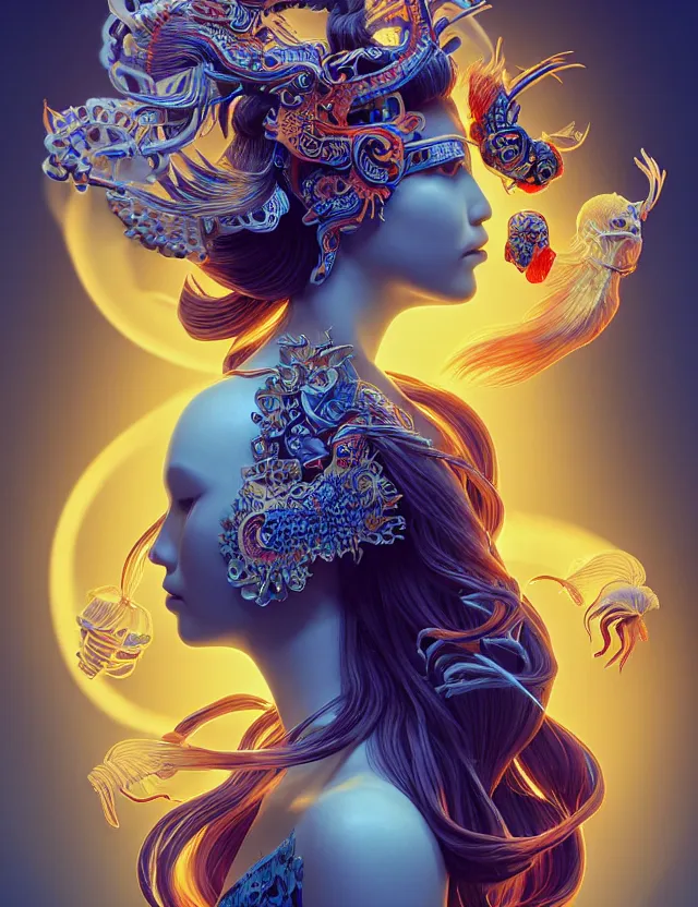 Image similar to 3 d slvic goddess half - turn portrait with long hair with ram skull. beautiful intricately detailed japanese crow kitsune mask and clasical japanese kimono. betta fish, jellyfish phoenix, bio luminescent, plasma, ice, water, wind, creature, artwork by tooth wu and wlop and beeple and greg rutkowski