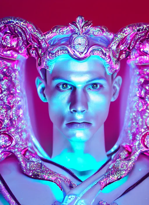 Image similar to photo of baroque and bladerunner delicate neon ruby sculpture of seductive ceramic albino king adrien sahores delicious pink iridescent humanoid deity wearing black fluffy hoody holding diamond skull in a black metallic dungeon, reclining, glowing rainbow face, crown of white diamonds, cinematic lighting, photorealistic, octane render 8 k depth of field 3 d