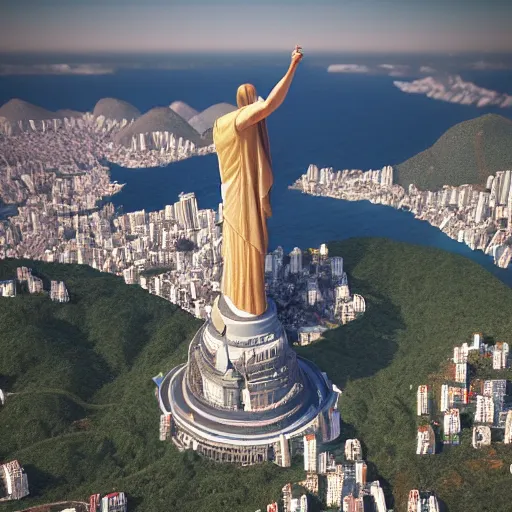 Image similar to a highly detailed picture of, the christo redentor dabbing over rio de janeiro, ultrawide lens, art by john collier and albert aublet and krenz cushart and artem demura and alphonse mucha, volumetric lighting, octane render, 4 k resolution, trending on artstation, masterpiece