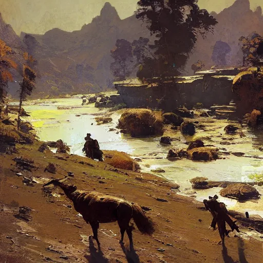 Prompt: earthy by frederic remington, by wadim kashin. the computer art is of a small village with a river running through it. in the distance, there are mountains. the sky is clear & the sun is shining.