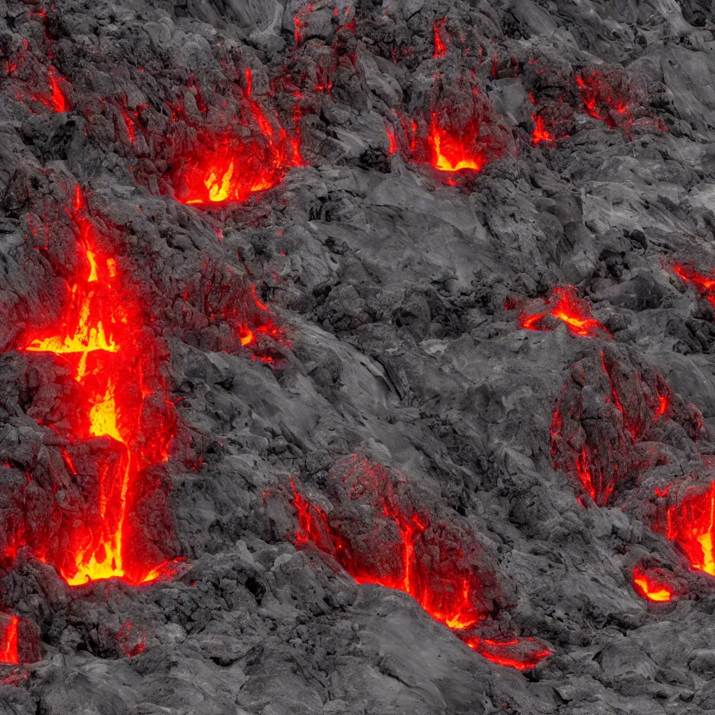 Image similar to satanic mountain goats with glowing red eyes on a sheer obsidian cliffside with lavaflow, lava waterfalls, photorealistic landscape render, octane render, vray, pools of lava, beautiful, ambient occlusion, particle effects, breaking ocean waves, light bloom, rtx