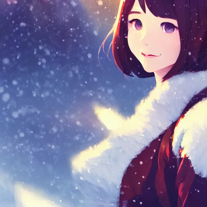 Prompt: portrait of a beautiful girl, snow landscape background, ambient lighting, dynamic lighting, 4 k, hq, official media, anime key visual, makoto shinkai, ilya kuvshinov, lois van baarle, rossdraws, detailed, trending on artstation