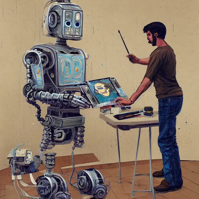 Prompt: robot artist painting a self - portrait on a canvas. intricate, highly detailed, digital matte painting, in the style of alexandros pyromallis, and in the style of sachin teng, and in the style of hans thoma, and in the style of robert mcginnis. irony, recursion, inspiration.