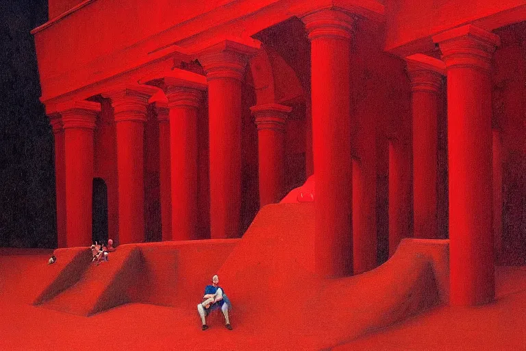 Image similar to only with red, a red great emperor, taormina amphitheatre, expressive crowd with big smile, in the style of beksinski, parts by edward hopper, parts by rodcenko, parts by yue minjun, intricate and epic composition, red by caravaggio, insanely quality, highly detailed, masterpiece, red light, artstation, 4 k