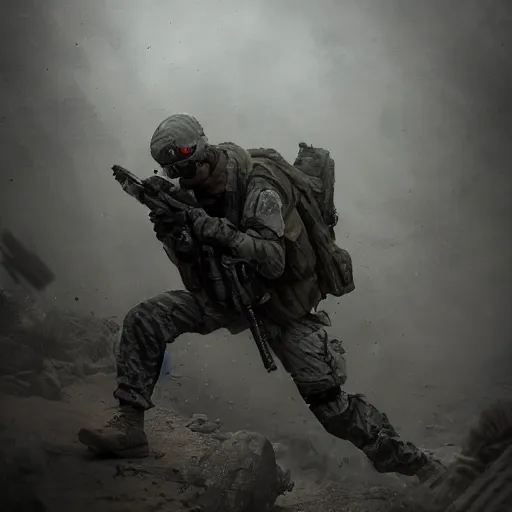 Image similar to Dying Mercenary Special Forces soldier in grey uniform with black armored vest crawling to shelter on Altis Island 2020, combat photography by Feng Zhu, highly detailed, excellent composition, cinematic concept art, dramatic lighting, trending on ArtStation