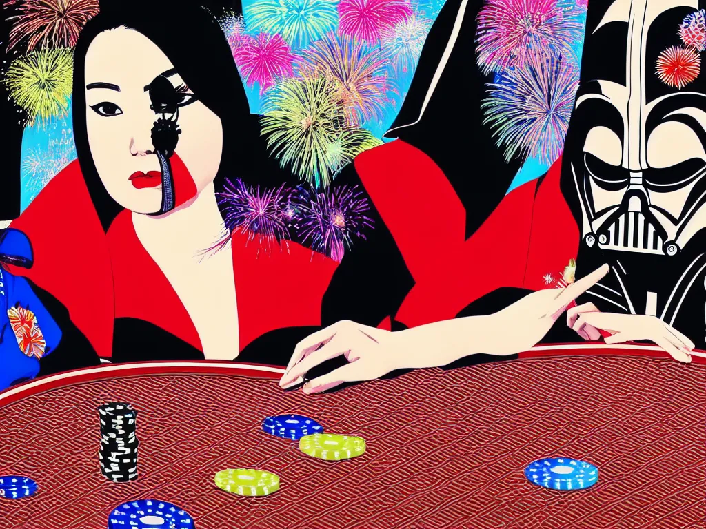 Image similar to hyperrealistic composition of the detailed woman in a japanese kimono sitting at a poker table with detailed darth vader, fireworks, beautiful mountain in the background, pop - art style, jacky tsai style, andy warhol style, acrylic on canvas