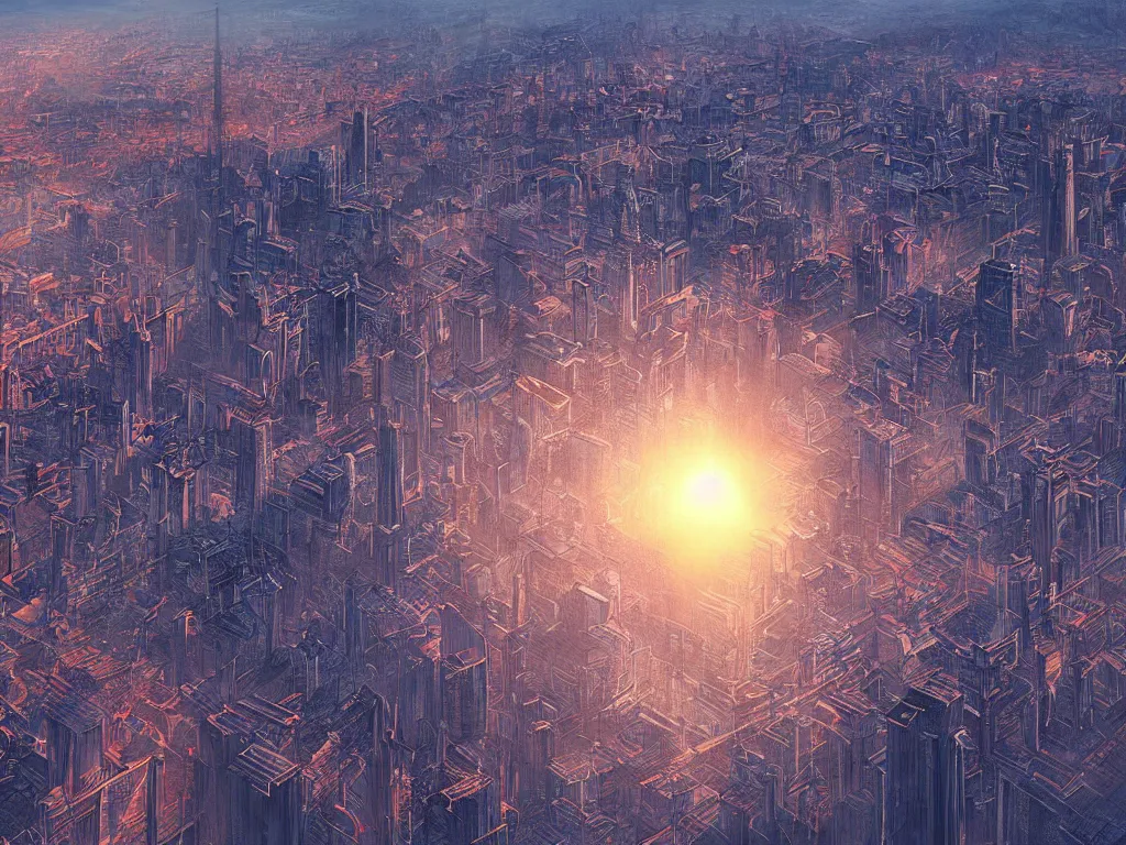 Image similar to birdseye view of a sunrise over a city, art by yoshitaka amano and alena aenami, cityscape