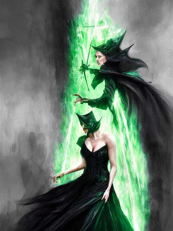 Image similar to Charlize Theron as an evil witch in a black dress casting a green spell, green lighting, time warping, D&D, fantasy, highly detailed, digital painting, trending on artstation, concept art, sharp focus, illustration, art by artgerm and greg rutkowski and magali villeneuve