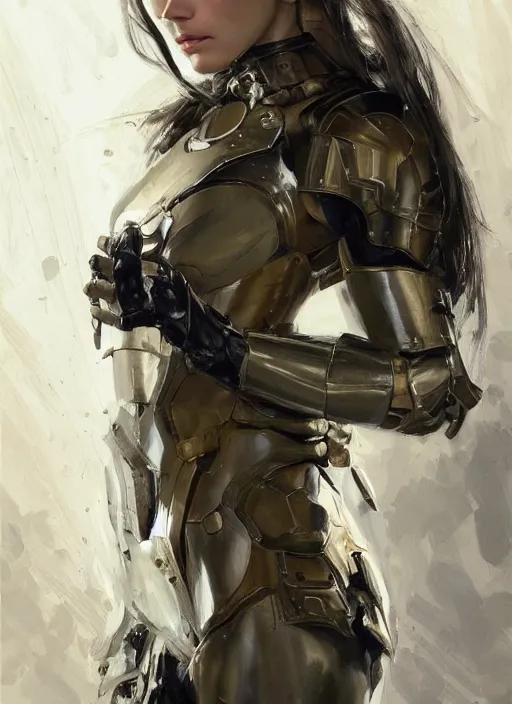 Image similar to a professional painting of a beautiful young female, clothed in military armor, olive skin, long dark hair, beautiful bone structure, symmetrical facial features, intricate, elegant, digital painting, concept art, smooth, sharp focus, illustration, from Metal Gear, by Ruan Jia and Mandy Jurgens and Artgerm and William-Adolphe Bouguerea