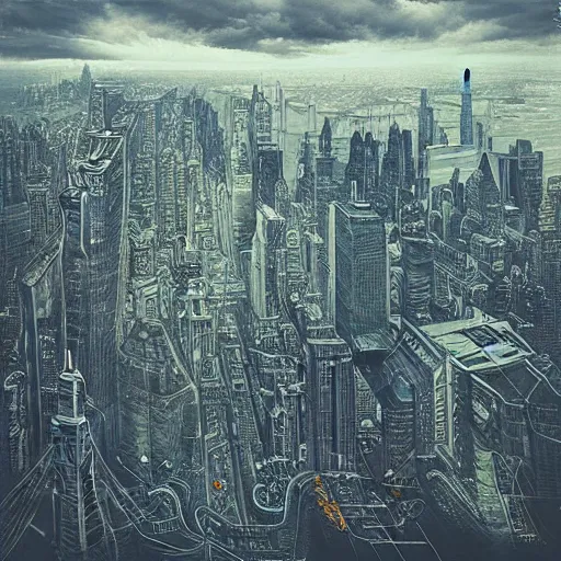 Image similar to “ looking down at a futuristic new york city below, ghostpunk, fog, storm clouds, rain, extremely detailed, by james jean ”