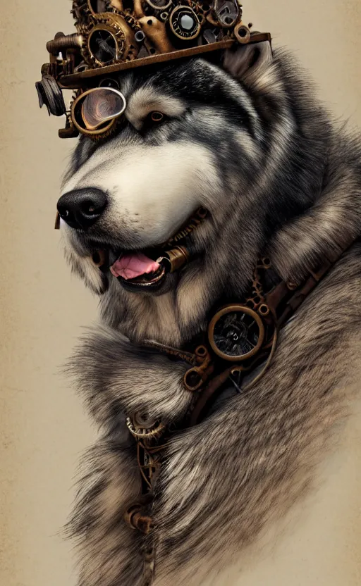 Image similar to hyper realistic ultra - detailed portrait of alaskan malamute face, steampunk hat with goggles and gears, upper body, detective coat, sharp focus, illustration, fantasy style, octane render, volumetric lighting, 8 k high definition, by greg rutkowski, highly detailed, trending on art station