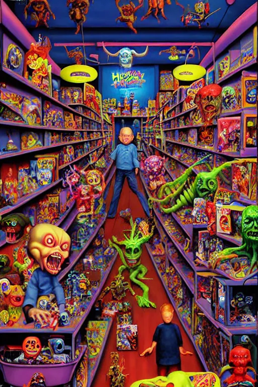 Image similar to a hyperrealistic painting of a toy store full of evil possessed toys retail horror, cinematic horror by chris cunningham, lisa frank, richard corben, highly detailed, vivid color,