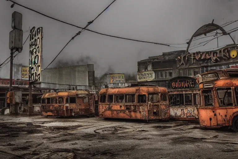 Prompt: low wide angle shot of dilapidated fallout 5, desolate, dilapidated neon signs, few rusted retro futuristic vintage parked vehicles like cars, ( ( ( buses, trucks, trams ) ) ), volumetric lighting, photorealistic, foggy, rain daytime, autumn, overcast weather, sharp focus, ultra detailed, 4 0 0 0 k