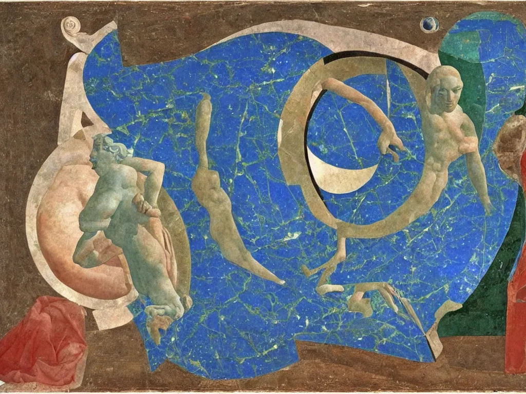 Prompt: marble greek sculpture of saturn devouring his sun with inlaid mineral eyes. lapis - lazuli, turquoise, malachite, cinnabar, earth brown. painting by piero della francesca, balthus, agnes pelton