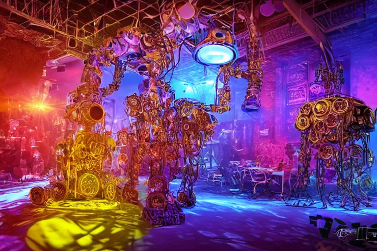 Image similar to scene is flower power party in pacha in ibiza, portrait photo of a giant huge golden and blue metal steampunk robot, with gears and tubes, eyes are glowing red lightbulbs, shiny crisp finish, 3 d render, 8 k, insaneley detailed, fluorescent colors, haluzinogetic, background is multicolored lasershow