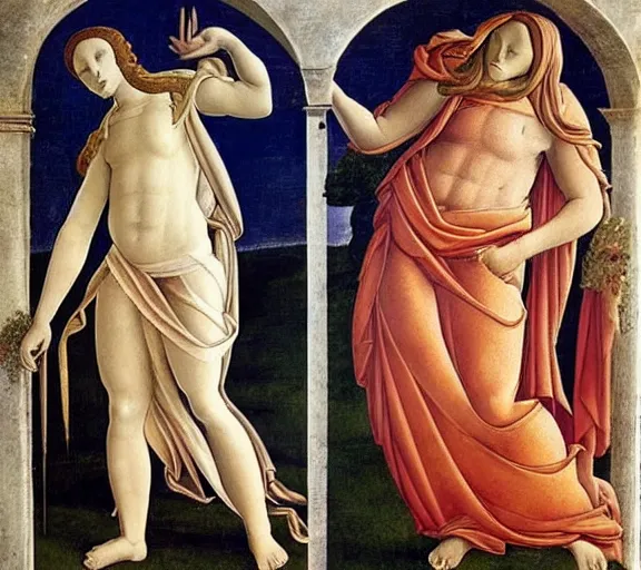 Image similar to two men who a secretly attracted to each other seperated by a deity on one side is light on the other is darkness in the style of botticelli